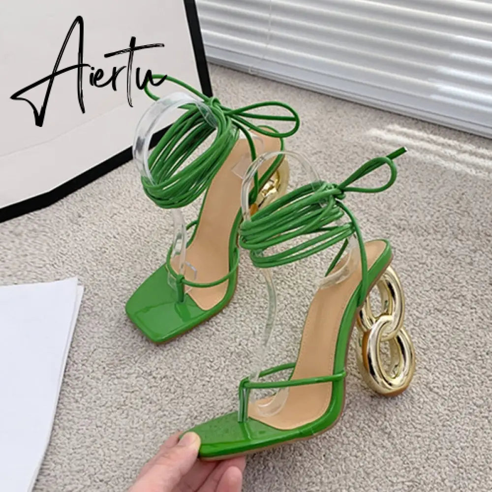 New Fashion Green Cross Ankle Strap Women's Strange High Heels Sexy Sandals Summer Pinch Narrow Band Square Toe Party Shoe Aiertu