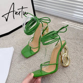 New Fashion Green Cross Ankle Strap Women's Strange High Heels Sexy Sandals Summer Pinch Narrow Band Square Toe Party Shoe Aiertu
