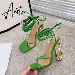 New Fashion Green Cross Ankle Strap Women's Strange High Heels Sexy Sandals Summer Pinch Narrow Band Square Toe Party Shoe Aiertu