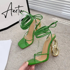 New Fashion Green Cross Ankle Strap Women's Strange High Heels Sexy Sandals Summer Pinch Narrow Band Square Toe Party Shoe Aiertu