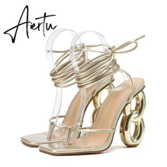 New Fashion Green Cross Ankle Strap Women's Strange High Heels Sexy Sandals Summer Pinch Narrow Band Square Toe Party Shoe Aiertu