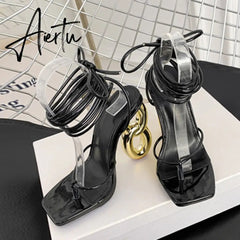 New Fashion Green Cross Ankle Strap Women's Strange High Heels Sexy Sandals Summer Pinch Narrow Band Square Toe Party Shoe Aiertu