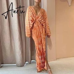 New Fashion Long Sleeve Folds Slim Long Dress 2023 Chic Solid Color Ruffles Dresses Sexy V-Neck High Split Female Party Dress Aiertu