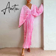 New Fashion Long Sleeve Folds Slim Long Dress 2023 Chic Solid Color Ruffles Dresses Sexy V-Neck High Split Female Party Dress Aiertu
