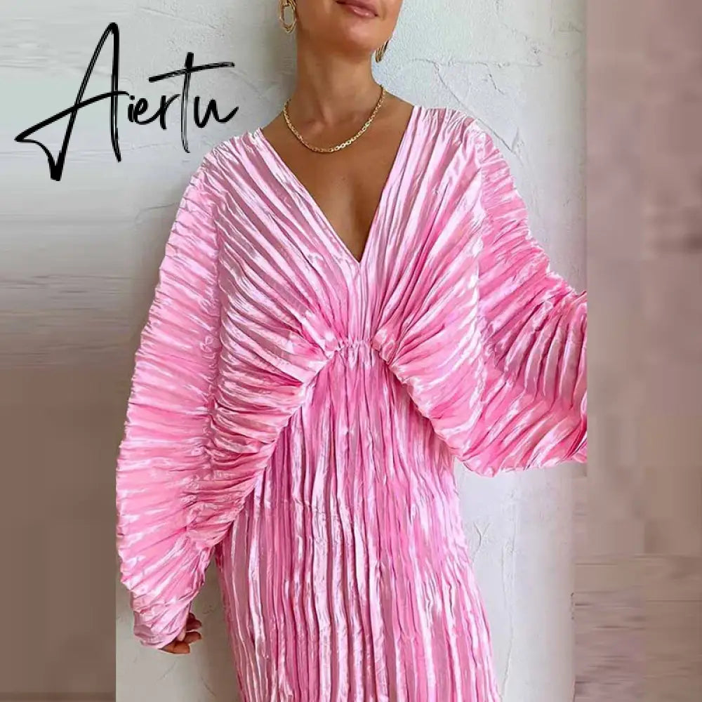 New Fashion Long Sleeve Folds Slim Long Dress 2023 Chic Solid Color Ruffles Dresses Sexy V-Neck High Split Female Party Dress Aiertu