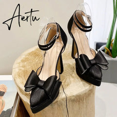 New Fashion Pink Bowknot Pointed Toe Super High Heels Platform Pumps Women Sandals Party Wedding Banquet Shoes Size 35-42 Aiertu