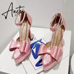 New Fashion Pink Bowknot Pointed Toe Super High Heels Platform Pumps Women Sandals Party Wedding Banquet Shoes Size 35-42 Aiertu