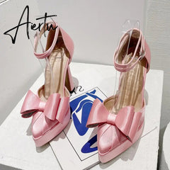 New Fashion Pink Bowknot Pointed Toe Super High Heels Platform Pumps Women Sandals Party Wedding Banquet Shoes Size 35-42 Aiertu