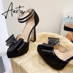 New Fashion Pink Bowknot Pointed Toe Super High Heels Platform Pumps Women Sandals Party Wedding Banquet Shoes Size 35-42 Aiertu