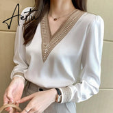 New Fashion White V Neck Chiffon Women Shirts Casual Loose Long Sleeve Women Blouses Tops Plus Size Female Clothing Blusas Aiertu
