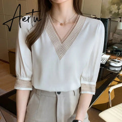 New Fashion White V Neck Chiffon Women Shirts Casual Loose Long Sleeve Women Blouses Tops Plus Size Female Clothing Blusas Aiertu