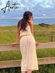 New Fashion Women Tops Skirt Suit See Through Lace Sleeveless Vest Tops + Summer Casual Long Skirt Outfit Skin Friendly S M L Aiertu