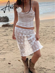New Fashion Women Tops Skirt Suit See Through Lace Sleeveless Vest Tops + Summer Casual Long Skirt Outfit Skin Friendly S M L Aiertu