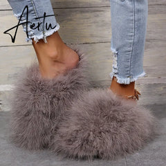 New Faux Fox Fur Slippers Women's Furry Warm Flip Flops Fullfy Raccoon Fur Slides Flat Comfortable Home Shoes Plus Size Couple Aiertu