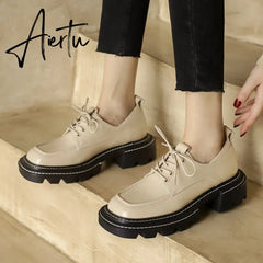 New Genuine Leather Shoes Women Platform Shoes Slip on Spring Autumn Casual Cross-tied Shoes for Women Womens Platform Heel Aiertu