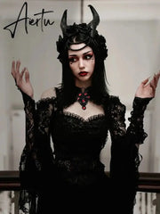 New Gothic Y2K Vintage Lace Overlays See Through Woman Cosplay Cover-ups Coat Stand Flare Sleeve Black Fairy Grunge Smock Aiertu