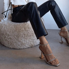 New High Heels Square Toe Wine Glass with A Word with Large Size Sexy Rhinestone Sandals Women Aiertu