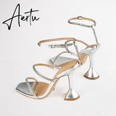 New High Heels Square Toe Wine Glass with A Word with Large Size Sexy Rhinestone Sandals Women Aiertu