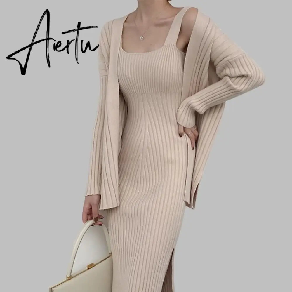 New High Quality Winter Women's Casual Long Sleeved Cardigan + Suspenders Sweater Vest Two Piece Runway Dresses Suit Aiertu