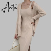 New High Quality Winter Women's Casual Long Sleeved Cardigan + Suspenders Sweater Vest Two Piece Runway Dresses Suit Aiertu