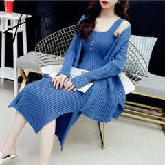 New High Quality Winter Women's Casual Long Sleeved Cardigan + Suspenders Sweater Vest Two Piece Runway Dresses Suit Aiertu