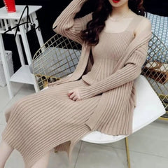 New High Quality Winter Women's Casual Long Sleeved Cardigan + Suspenders Sweater Vest Two Piece Runway Dresses Suit Aiertu