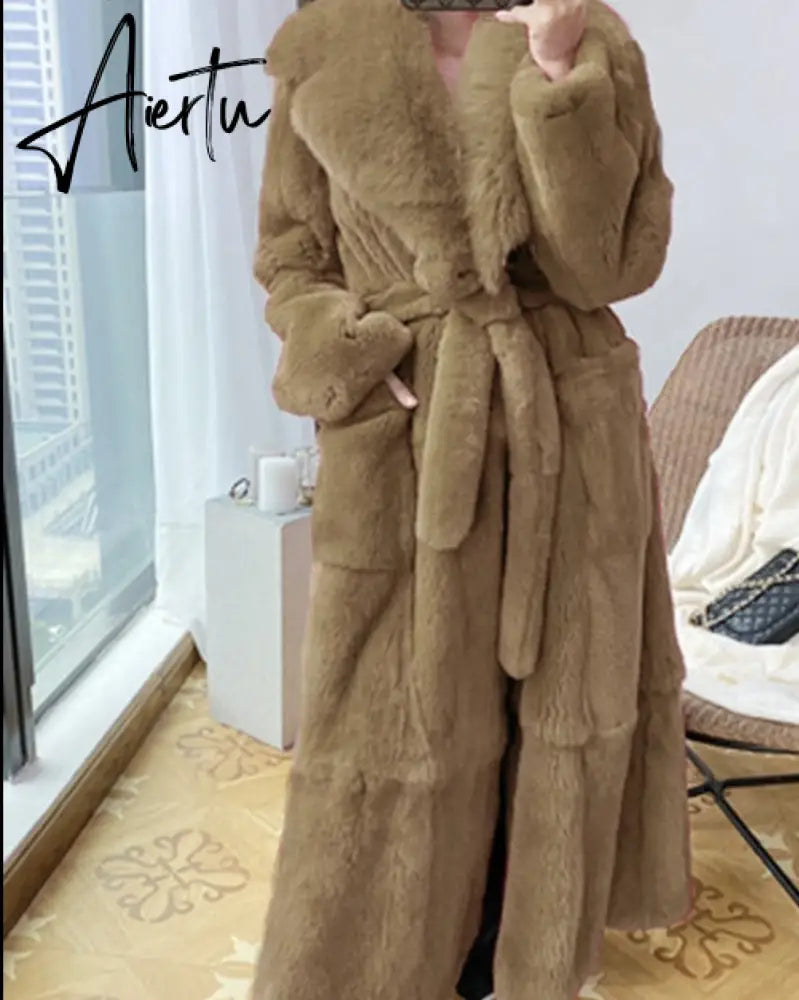 New Imitation Fur Coats Women's Winter Mid-length Lace-up Jackets Fashion Big Size Long Sleeve Thicken Black Overcoat Aiertu