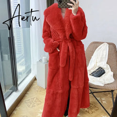 New Imitation Fur Coats Women's Winter Mid-length Lace-up Jackets Fashion Big Size Long Sleeve Thicken Black Overcoat Aiertu