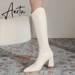New Knee High Mid Heels Fashion Chelsea Boots Women Shoes Winter High Boots Chunky Goth Knight Boots Mujer Zapatos Aiertu