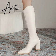 New Knee High Mid Heels Fashion Chelsea Boots Women Shoes Winter High Boots Chunky Goth Knight Boots Mujer Zapatos Aiertu