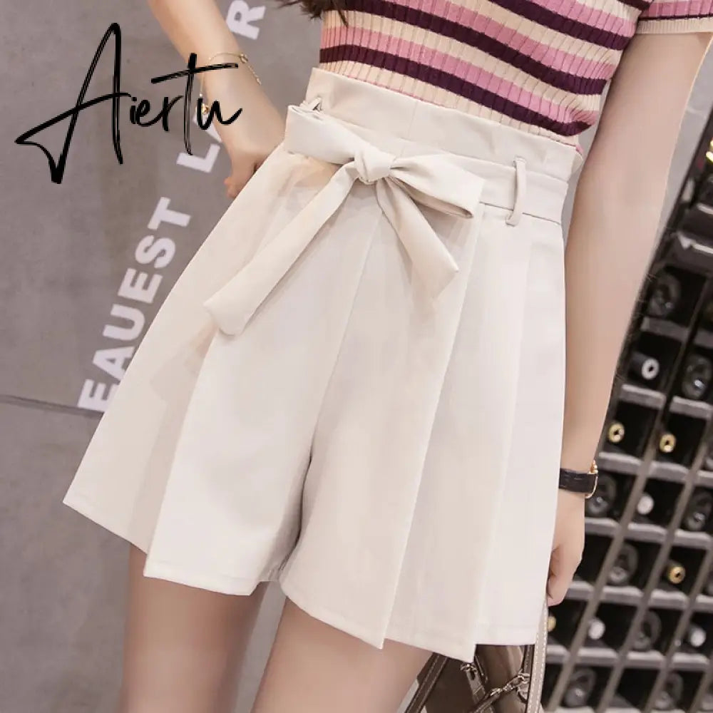 New Korean Chic Lace-Up Bowknot High Waist Shorts Womens Fashion Pleated Wide Leg Shorts Summer Casual Loose Shorts Aiertu