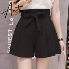 New Korean Chic Lace-Up Bowknot High Waist Shorts Womens Fashion Pleated Wide Leg Shorts Summer Casual Loose Shorts Aiertu