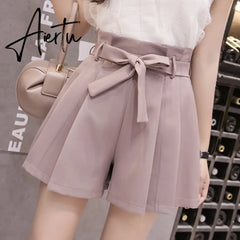 New Korean Chic Lace-Up Bowknot High Waist Shorts Womens Fashion Pleated Wide Leg Shorts Summer Casual Loose Shorts Aiertu