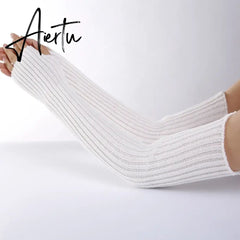 New Long Fingerless Gloves Womens Winter Warmer Knitted Arm Sleeve Fine Casual Soft Girl Goth Clothes Women Punk Gothic Gloves Aiertu