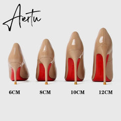 New Luxury Brand Pumps Women Shoes Red Shiny Bottom Pointed Toe Black High Heel Shoes Thin Heel 12cm Sexy Wedding Shoes 44 Aiertu