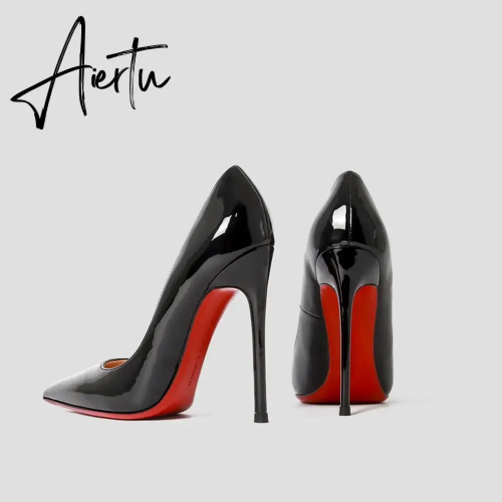 New Luxury Brand Pumps Women Shoes Red Shiny Bottom Pointed Toe Black High Heel Shoes Thin Heel 12cm Sexy Wedding Shoes 44 Aiertu