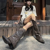 New Pointed Toe Chunky Heel Low Heel Knee Length Ladies Western Boots Folding Boots Rivet Decoration Retro Classic Women's Shoes Aiertu