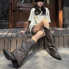 New Pointed Toe Chunky Heel Low Heel Knee Length Ladies Western Boots Folding Boots Rivet Decoration Retro Classic Women's Shoes Aiertu