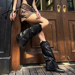 New Pointed Toe Chunky Heel Low Heel Knee Length Ladies Western Boots Folding Boots Rivet Decoration Retro Classic Women's Shoes Aiertu