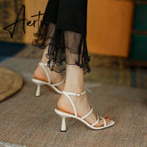 New Sandals Women Shoes Square Ankle Strap Sandals Thin High Heels Buckle Strap Narrow Band Ladies Footwear Summer Beige 40 Aiertu