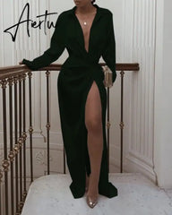 New Satin Silk Sexy Long Sleeve Party Dresses Women Night Club Soft Dress Autumn Dress V-Neck Solid Split Turn Down Collor Aiertu