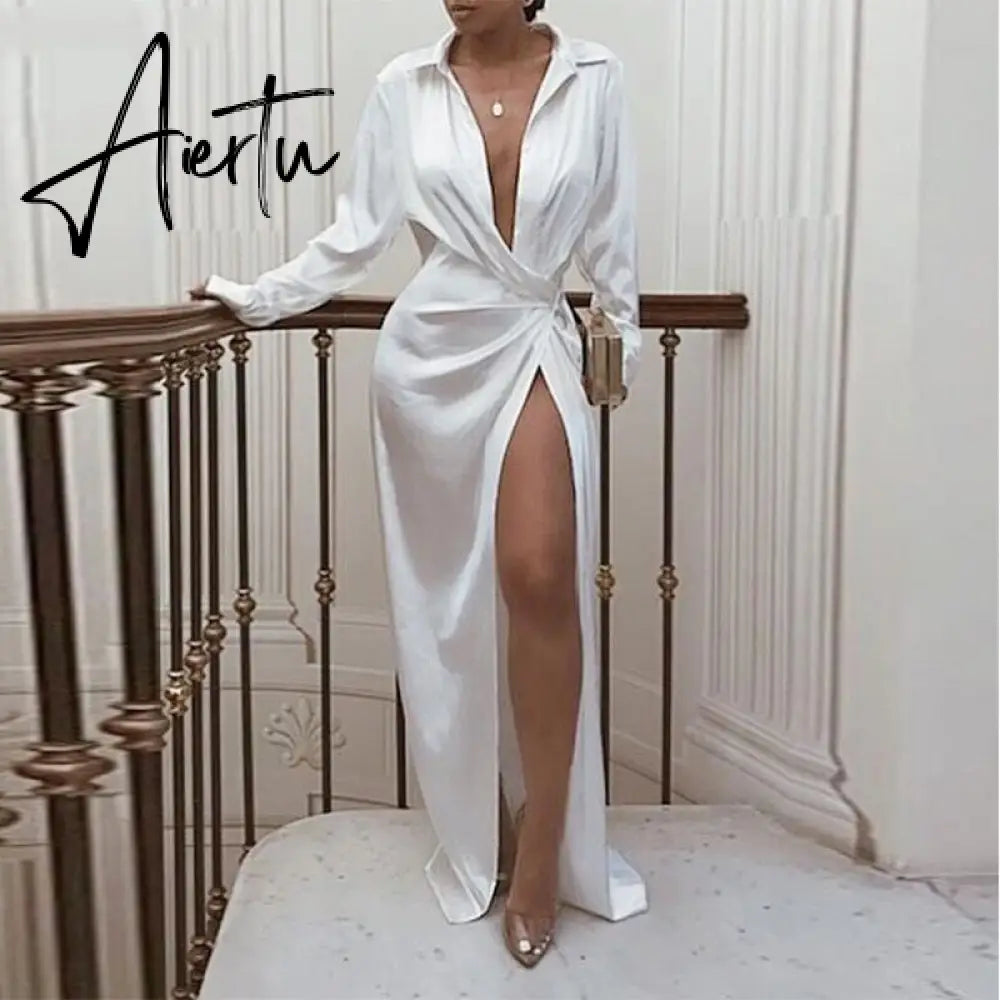 New Satin Silk Sexy Long Sleeve Party Dresses Women Night Club Soft Dress Autumn Dress V-Neck Solid Split Turn Down Collor M0010 Aiertu