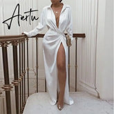 New Satin Silk Sexy Long Sleeve Party Dresses Women Night Club Soft Dress Autumn Dress V-Neck Solid Split Turn Down Collor M0010 Aiertu
