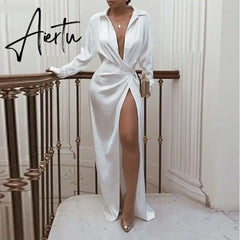 New Satin Silk Sexy Long Sleeve Party Dresses Women Night Club Soft Dress Autumn Dress V-Neck Solid Split Turn Down Collor M0010 Aiertu