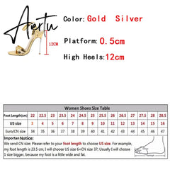 New Sexy Golden 12CM High Heels Sandals Women Fashion Open Toe Ankle Buckle Strap Ladies Wedding Stripper Shoes Stilettos Mujer Aiertu
