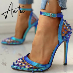 New Sexy PVC Rivet Women Pumps Fashion Shoes Female Ankle Buckle Strap Ladies Party High Heels Shoes Aiertu
