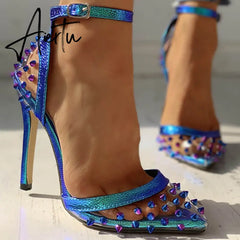 New Sexy PVC Rivet Women Pumps Fashion Shoes Female Ankle Buckle Strap Ladies Party High Heels Shoes Aiertu