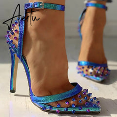 New Sexy PVC Rivet Women Pumps Fashion Shoes Female Ankle Buckle Strap Ladies Party High Heels Shoes Aiertu