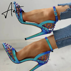 New Sexy PVC Rivet Women Pumps Fashion Shoes Female Ankle Buckle Strap Ladies Party High Heels Shoes Aiertu