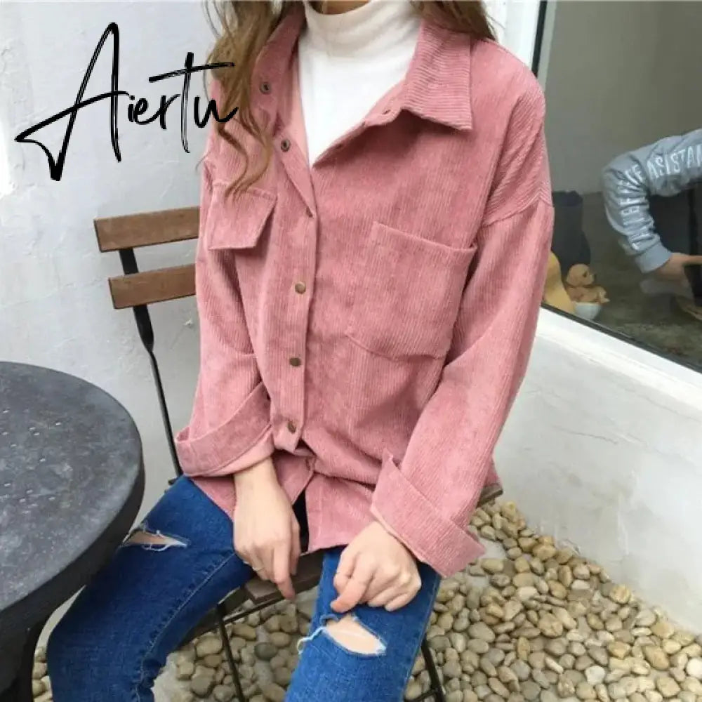 New Shirt Autumn New Ins Loose And Versatile Corduroy Shirt Women's Solid Color Casual Long Sleeve Shirt Coat Aiertu